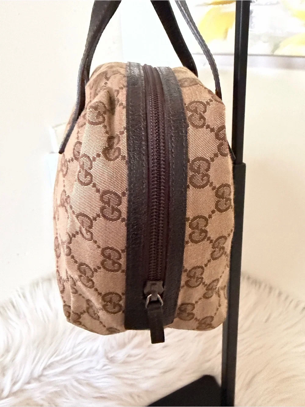 Gucci Brown GG Canvas Mini Boston Style Top-Handle Bag.